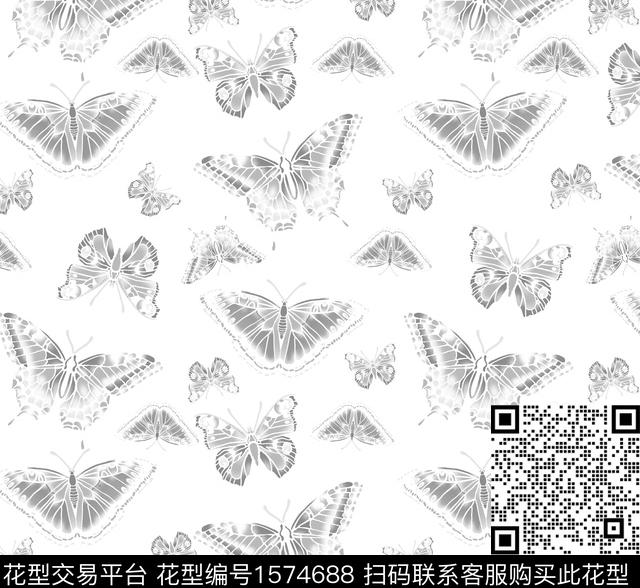 昆虫蝴蝶黑白数码印花华亿平台下载（图片编号: 1574688） - 瓦栏（Walan）