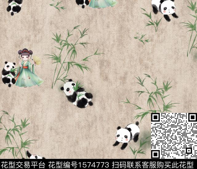 熊猫小姑娘竹子数码印花华亿平台下载（图片编号: 1574773） - 瓦栏（Walan）