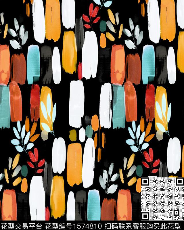 笔触叶子黑底数码印花华亿平台下载（图片编号: 1574810） - 瓦栏（Walan）