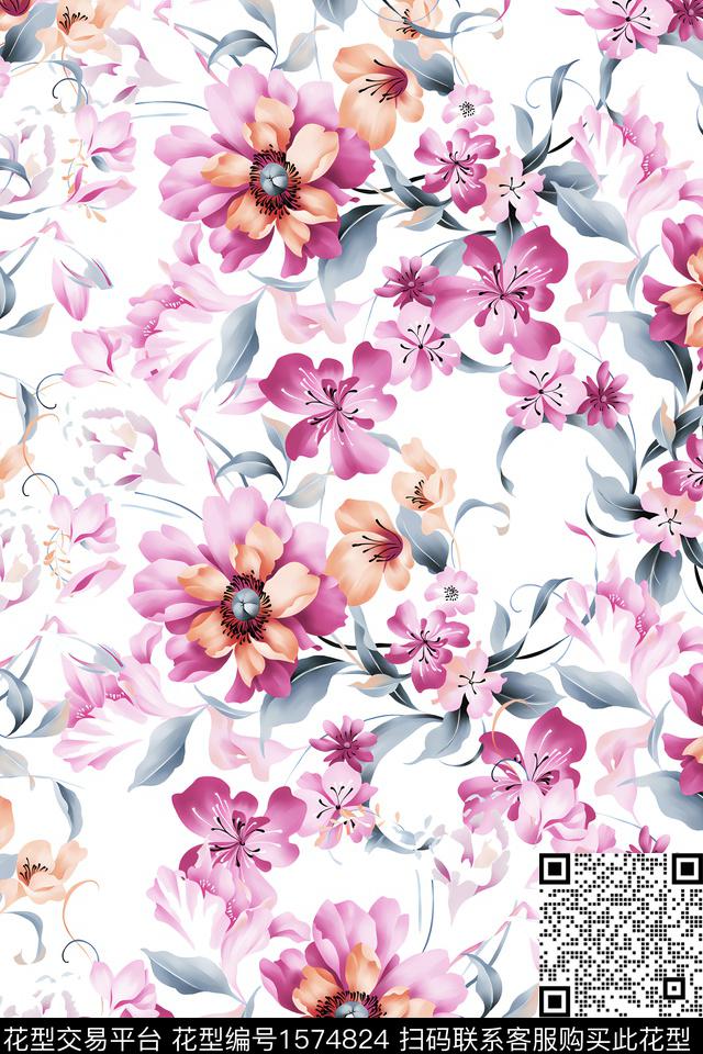 花卉手绘数码印花华亿平台下载（图片编号: 1574824） - 瓦栏（Walan）