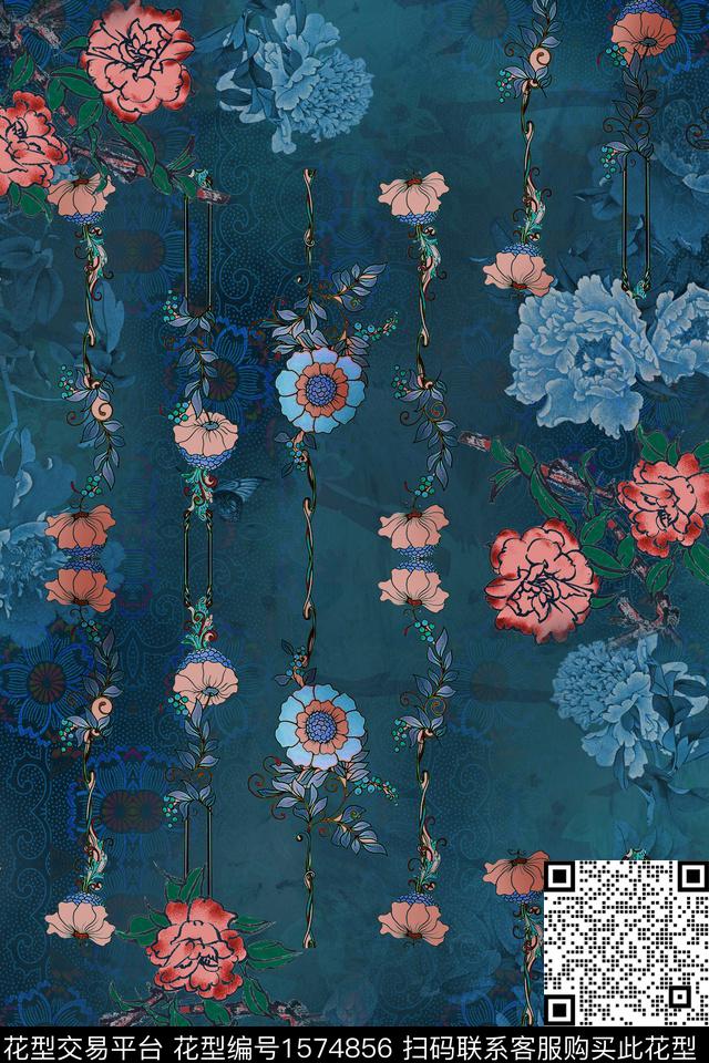 中国风花卉底纹数码印花华亿平台下载（图片编号: 1574856） - 瓦栏（Walan）