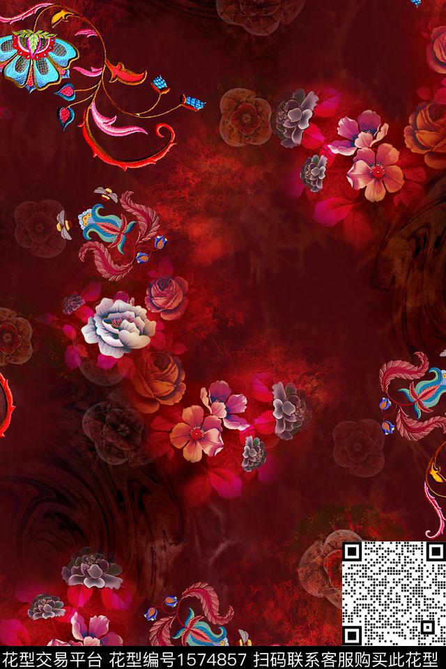 中国风花卉底纹数码印花华亿平台下载（图片编号: 1574857） - 瓦栏（Walan）