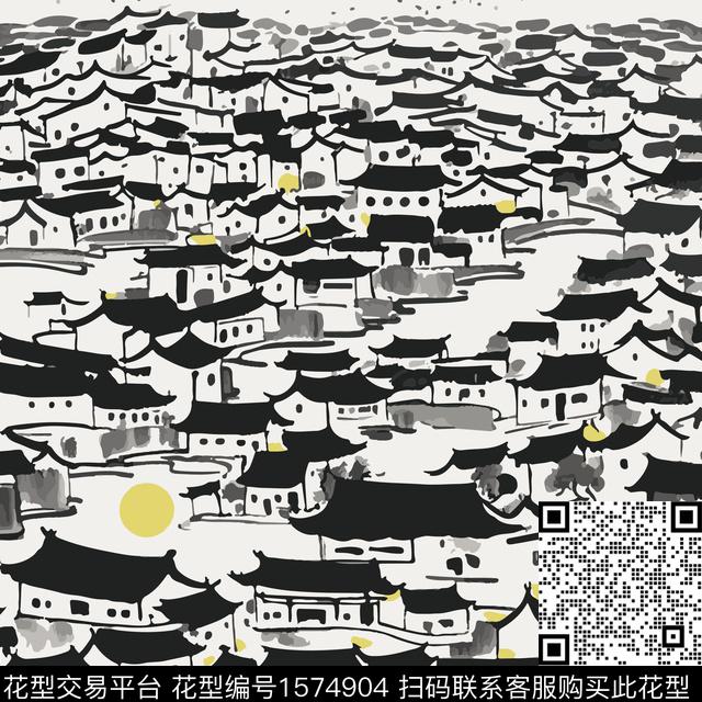 水墨房屋中国风数码印花华亿平台下载（图片编号: 1574904） - 瓦栏（Walan）