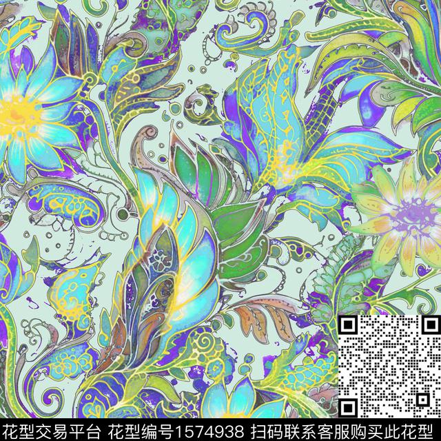 民族花卉民族风水彩数码印花华亿平台下载（图片编号: 1574938） - 瓦栏（Walan）