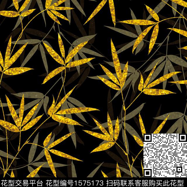 剪影黑底花卉绿植树叶数码印花华亿平台下载（图片编号: 1575173） - 瓦栏（Walan）