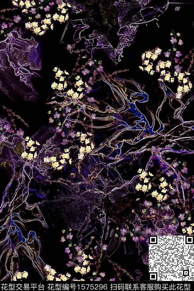 黑底花卉花卉中老年数码印花华亿平台下载（图片编号: 1575296） - 瓦栏（Walan）