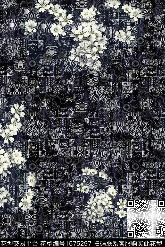 黑底花卉花卉中老年数码印花华亿平台下载（图片编号: 1575297） - 瓦栏（Walan）