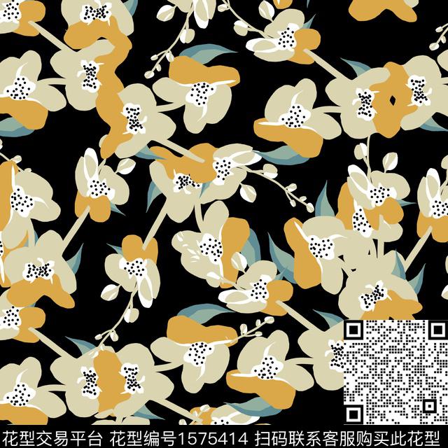 花卉黑底花卉平面花卉数码印花华亿平台下载（图片编号: 1575414） - 瓦栏（Walan）