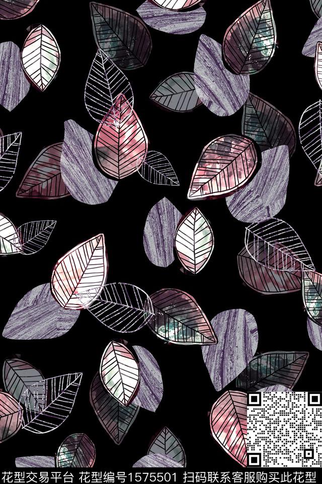 中老年黑底花卉绿植树叶数码印花华亿平台下载（图片编号: 1575501） - 瓦栏（Walan）