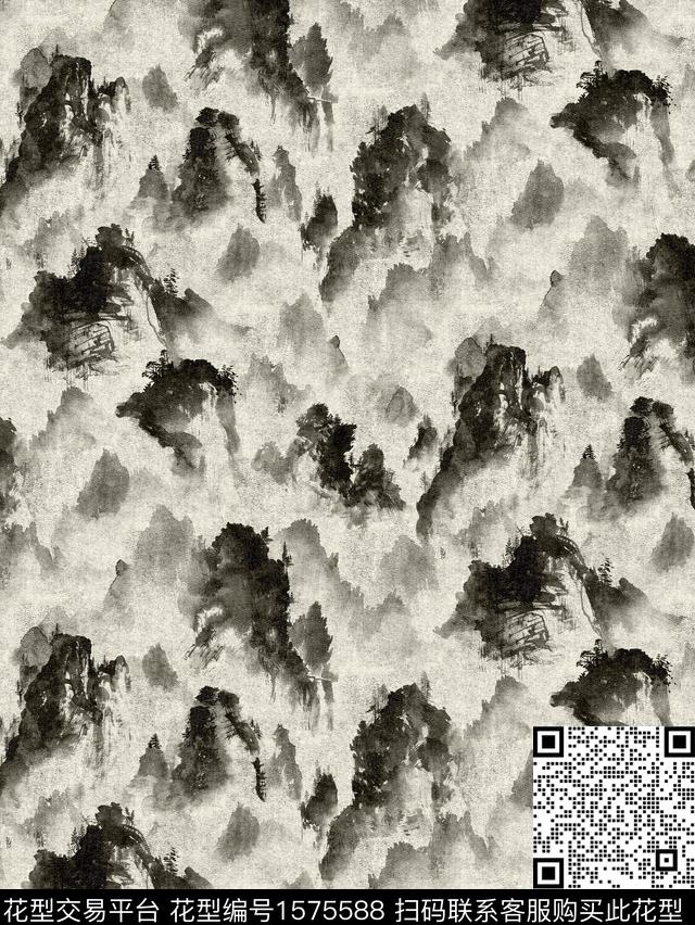 中国风山水水墨风数码印花华亿平台下载（图片编号: 1575588） - 瓦栏（Walan）