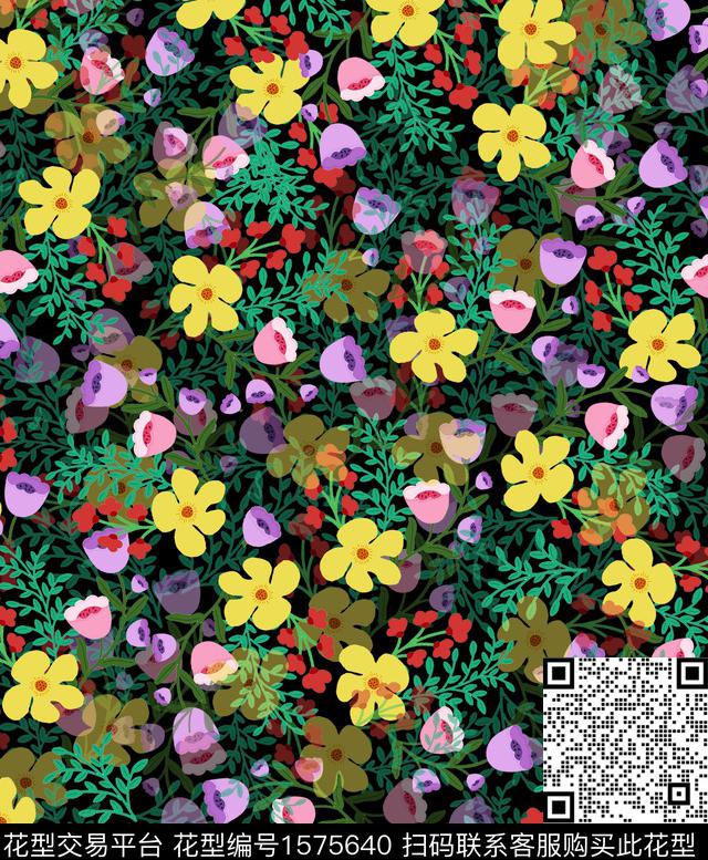 花卉黑底花卉小碎花数码印花华亿平台下载（图片编号: 1575640） - 瓦栏（Walan）