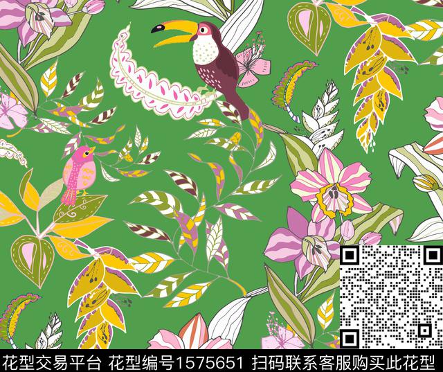 热带花卉鸟数码印花华亿平台下载（图片编号: 1575651） - 瓦栏（Walan）