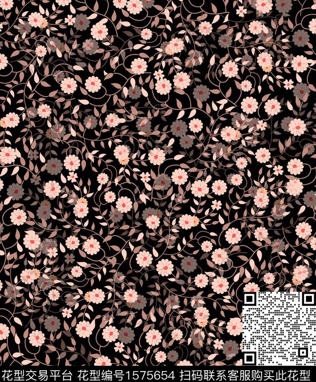 花卉黑底花卉小碎花数码印花华亿平台下载（图片编号: 1575654） - 瓦栏（Walan）