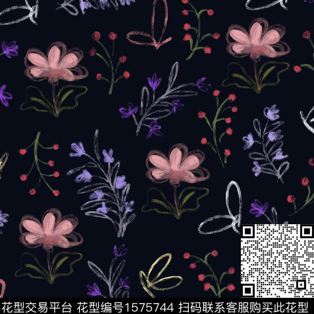 植物花卉黑底花卉数码印花华亿平台下载（图片编号: 1575744） - 瓦栏（Walan）