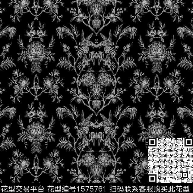 黑白花卉树枝数码印花华亿平台下载（图片编号: 1575761） - 瓦栏（Walan）