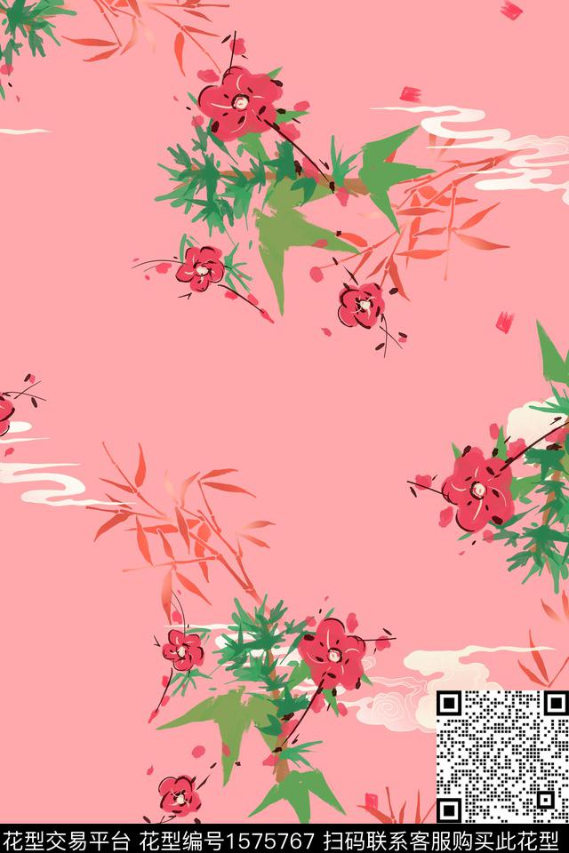 中国风竹子祥云数码印花华亿平台下载（图片编号: 1575767） - 瓦栏（Walan）