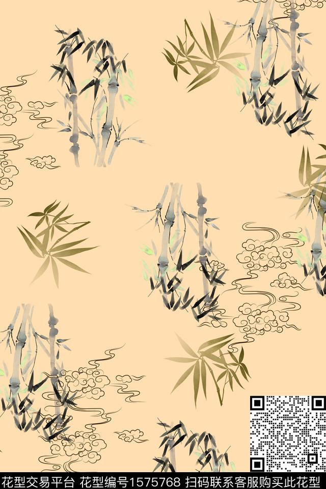 中国风竹子祥云数码印花华亿平台下载（图片编号: 1575768） - 瓦栏（Walan）