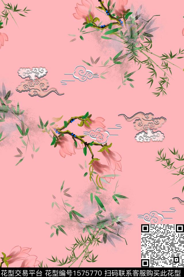 中国风竹子祥云数码印花华亿平台下载（图片编号: 1575770） - 瓦栏（Walan）