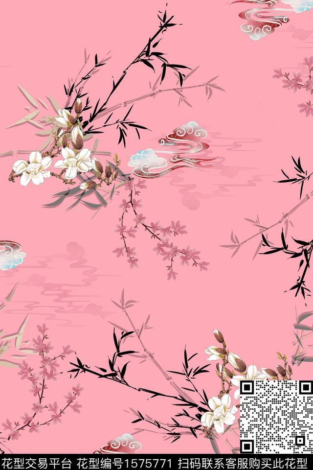 中国风竹子祥云数码印花华亿平台下载（图片编号: 1575771） - 瓦栏（Walan）