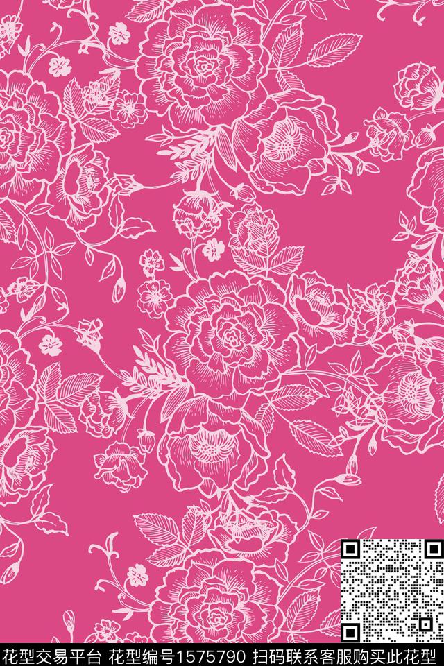 花卉线条花卉数码印花华亿平台下载（图片编号: 1575790） - 瓦栏（Walan）