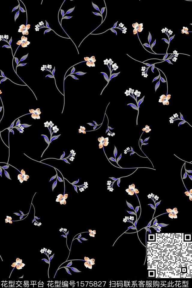 花卉黑底花卉小碎花数码印花华亿平台下载（图片编号: 1575827） - 瓦栏（Walan）