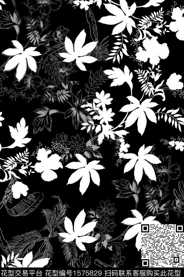 剪影线条花黑底花卉数码印花华亿平台下载（图片编号: 1575829） - 瓦栏（Walan）
