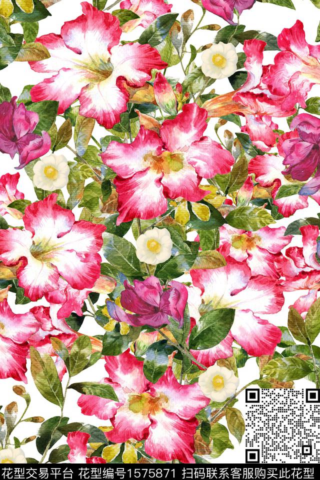 植物水彩花卉清爽底花卉数码印花华亿平台下载（图片编号: 1575871） - 瓦栏（Walan）