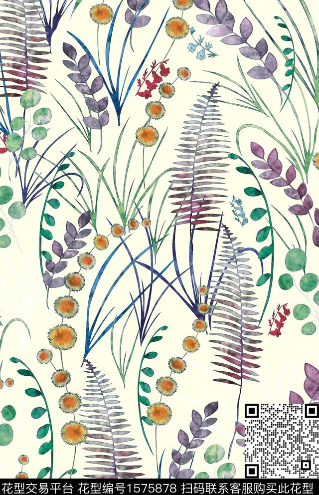 花卉绿植树叶小清新数码印花华亿平台下载（图片编号: 1575878） - 瓦栏（Walan）