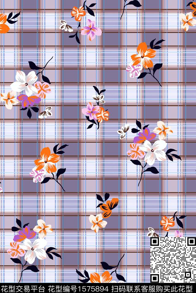 花卉底纹格子数码印花华亿平台下载（图片编号: 1575894） - 瓦栏（Walan）