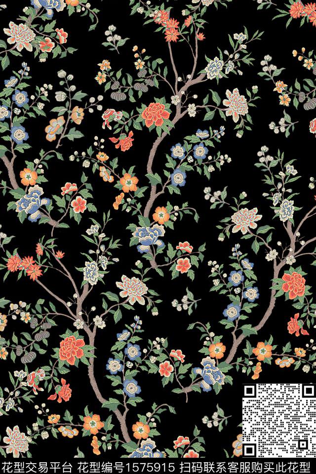 黑底花卉真丝花卉数码印花华亿平台下载（图片编号: 1575915） - 瓦栏（Walan）