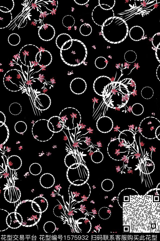黑底花卉圆花卉数码印花华亿平台下载（图片编号: 1575932） - 瓦栏（Walan）