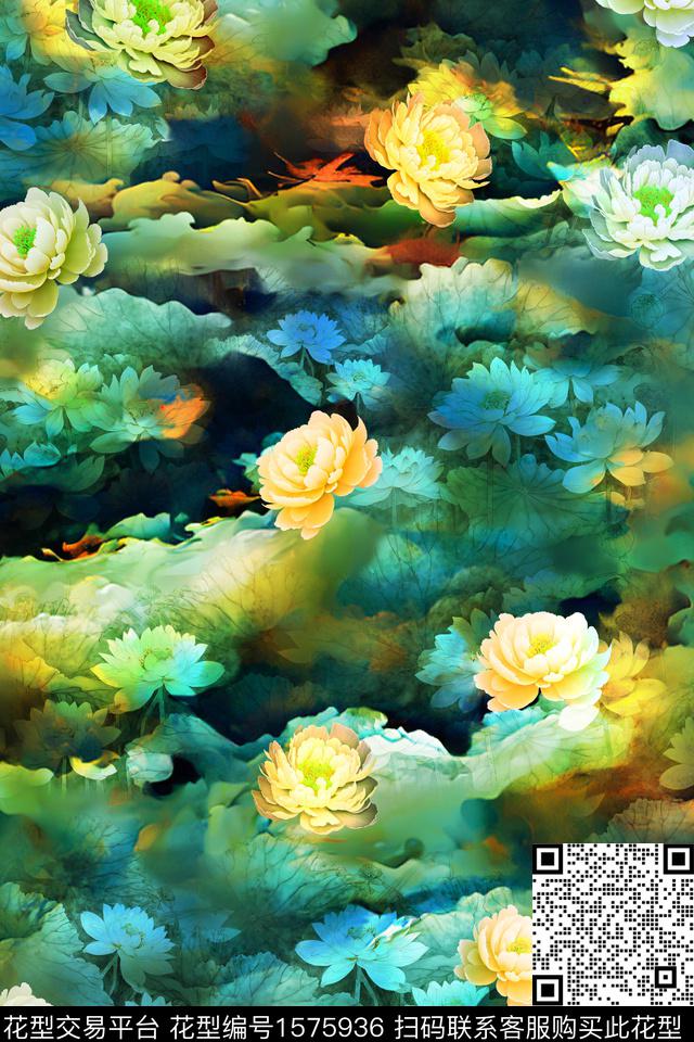 荷花花卉中老年数码印花华亿平台下载（图片编号: 1575936） - 瓦栏（Walan）