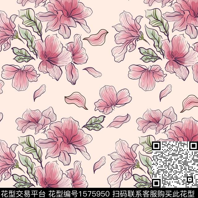 线条花卉花卉满版散花数码印花华亿平台下载（图片编号: 1575950） - 瓦栏（Walan）