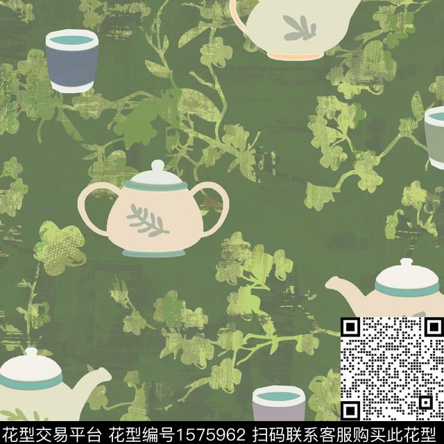 中国风茶壶剪影花卉数码印花华亿平台下载（图片编号: 1575962） - 瓦栏（Walan）