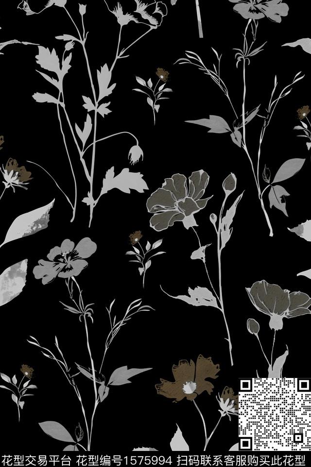 真丝绿植树叶黑底花卉数码印花华亿平台下载（图片编号: 1575994） - 瓦栏（Walan）