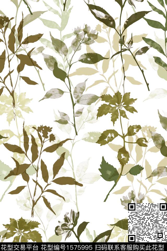 剪影真丝绿植树叶数码印花华亿平台下载（图片编号: 1575995） - 瓦栏（Walan）