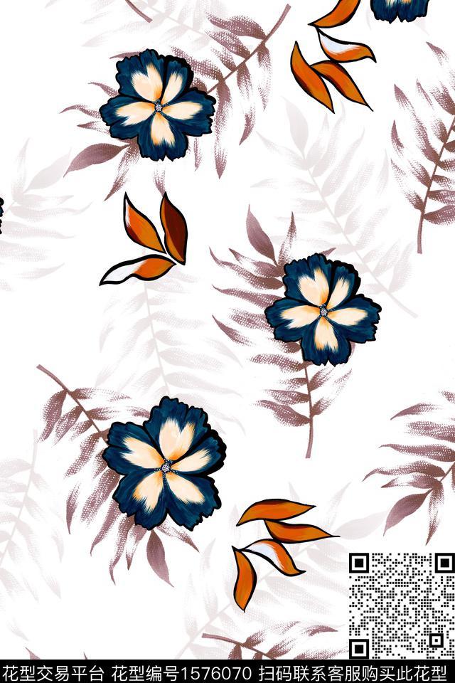 清爽花卉绿植树叶数码印花华亿平台下载（图片编号: 1576070） - 瓦栏（Walan）