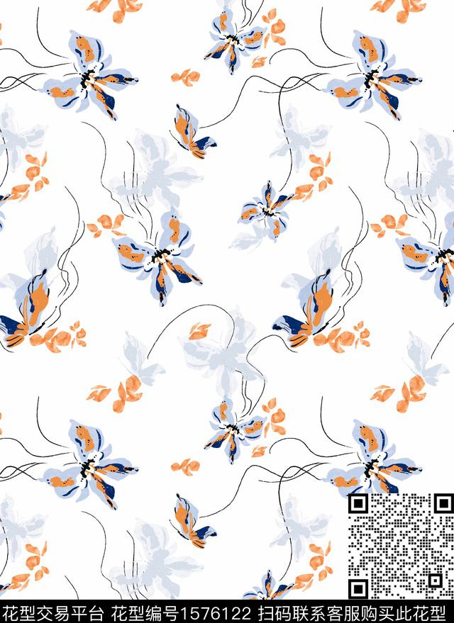 花卉连衣裙蝴蝶数码印花华亿平台下载（图片编号: 1576122） - 瓦栏（Walan）