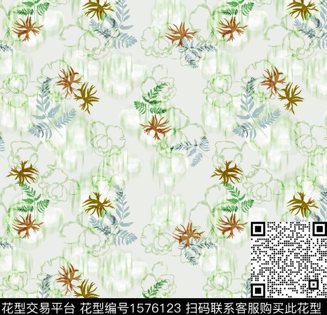连衣裙水彩花卉叶子数码印花华亿平台下载（图片编号: 1576123） - 瓦栏（Walan）