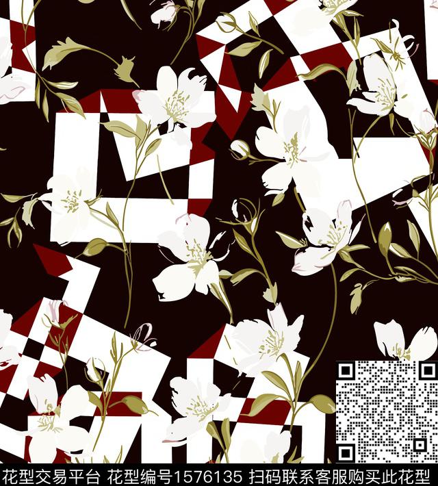 中老年几何水彩花卉数码印花华亿平台下载（图片编号: 1576135） - 瓦栏（Walan）