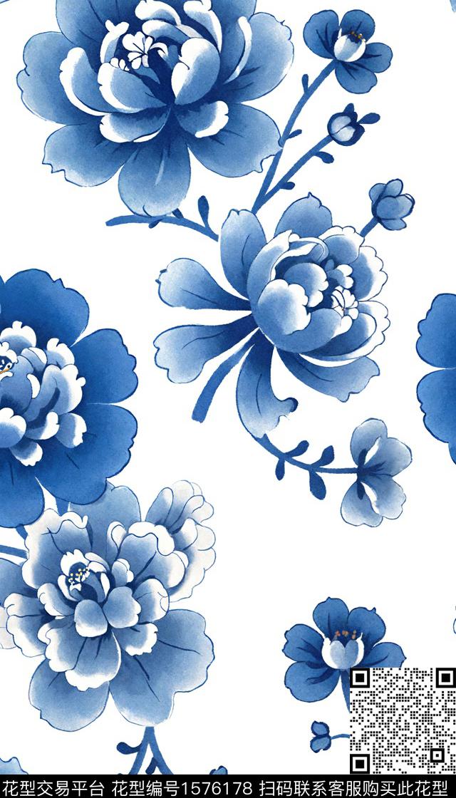 手绘大花青花瓷中国风数码印花华亿平台下载（图片编号: 1576178） - 瓦栏（Walan）