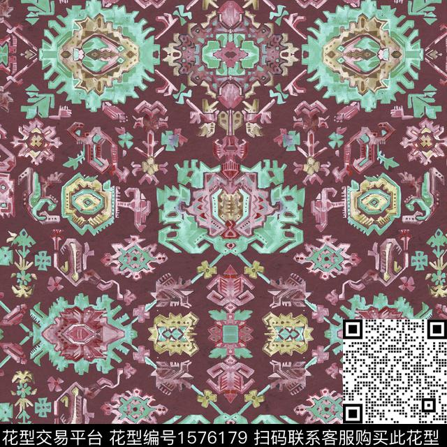 民族风水彩古典纹样数码印花华亿平台下载（图片编号: 1576179） - 瓦栏（Walan）