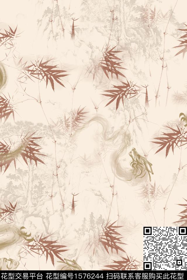 竹子龙中国风数码印花华亿平台下载（图片编号: 1576244） - 瓦栏（Walan）