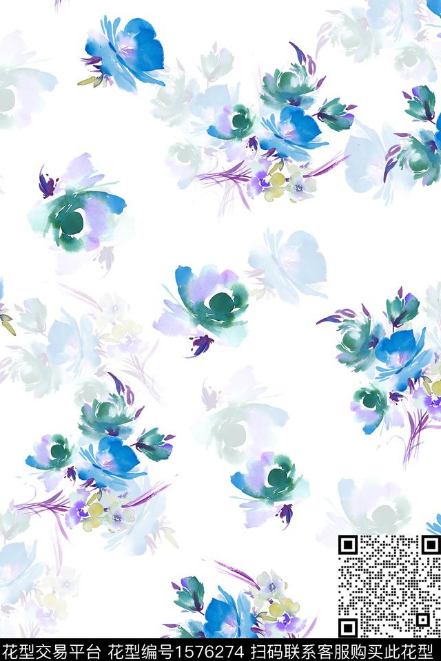 小清新水彩花卉影花数码印花华亿平台下载（图片编号: 1576274） - 瓦栏（Walan）