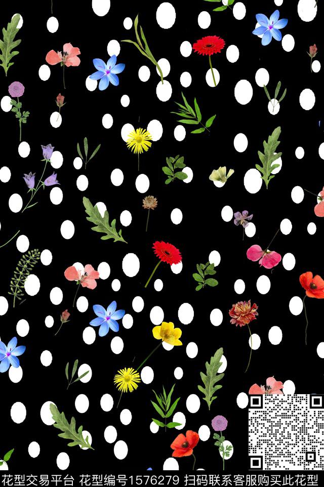 黑底花卉波点花卉数码印花华亿平台下载（图片编号: 1576279） - 瓦栏（Walan）