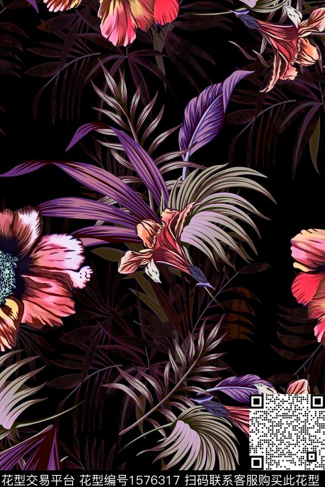 大花黑底花卉花卉数码印花华亿平台下载（图片编号: 1576317） - 瓦栏（Walan）