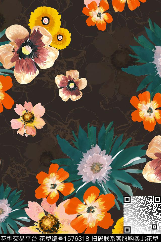 大花黑底花卉花卉数码印花华亿平台下载（图片编号: 1576318） - 瓦栏（Walan）