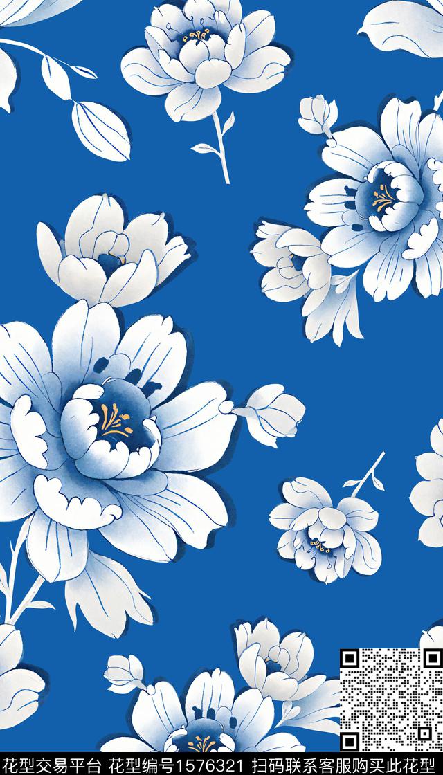 花卉青花大花卉数码印花华亿平台下载（图片编号: 1576321） - 瓦栏（Walan）