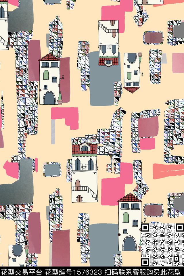 趣味建筑抽象数码印花华亿平台下载（图片编号: 1576323） - 瓦栏（Walan）