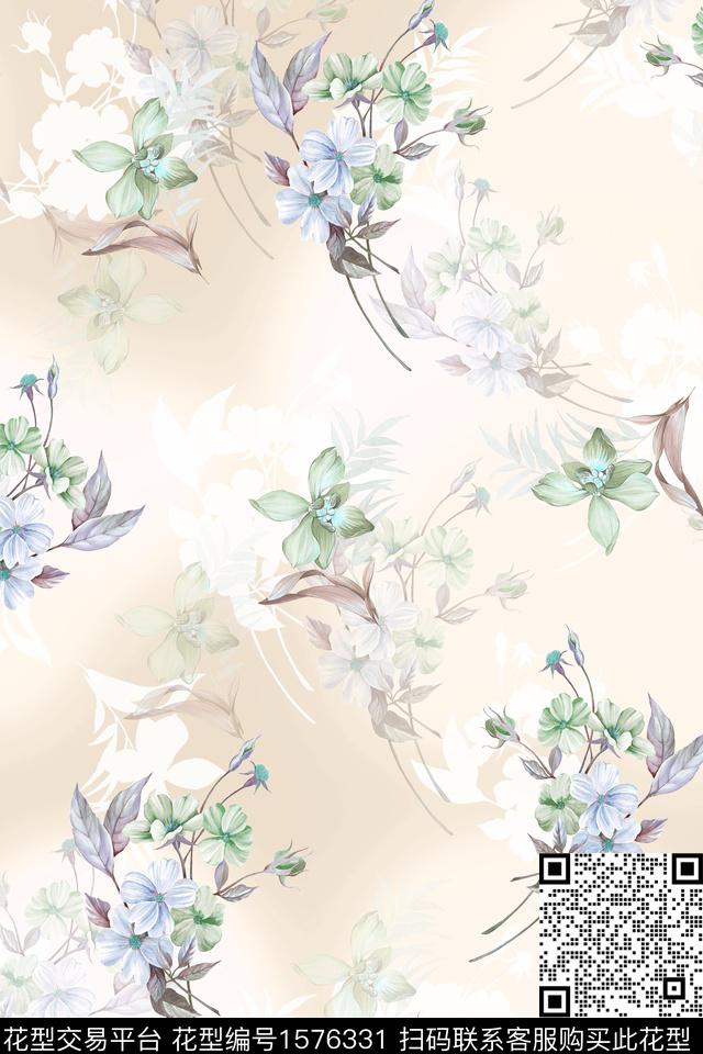 花卉水彩花卉剪影数码印花华亿平台下载（图片编号: 1576331） - 瓦栏（Walan）